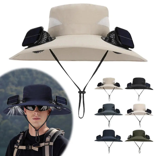 Solar Fan Hat for Men Women, Wide Brim Sun Protection Hat with Dual Solar Fans, 2-in-1 Hands-Free Cooling Cap for Hiking & Work