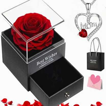 Luxury Preserved Flower Gift Box With Purple Rose & "MOM I Love You" Heart Pendant Necklace - Elegant Mother's Day Anniversary