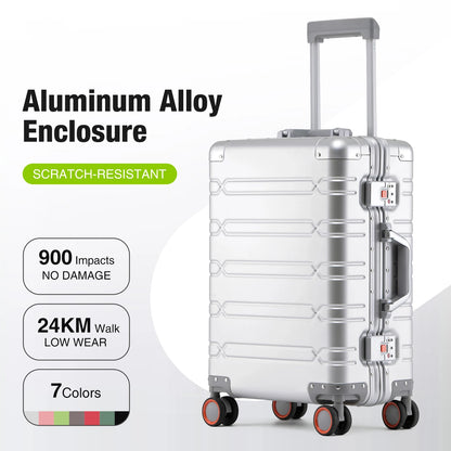 Large-Capacity 100% Aluminum Travel Luggage 20/24/29 Inch 360° Spinner Wheels TSA Lock Carry-On Checked Trolley Suitcase