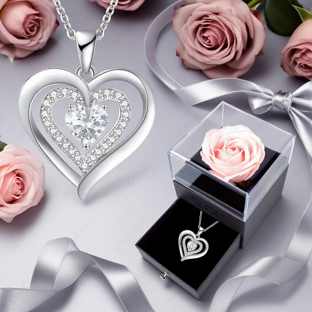 Zircon Heart Pendant Necklace With Rose Bow Box 2025 New Jewelry Set For Girlfriend Mother Christmas Anniversary Valentine Gift