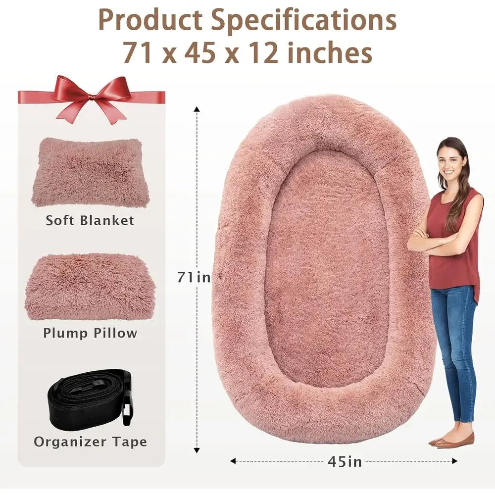 Large Washable Memory Foam Dog Bed with Pillow & Blanket, 71x45x12 Inches, PinkTime-limited