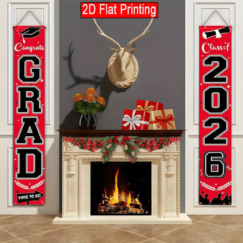 VIKAMA 2026 Graduation Season Door Banner Red and Black Academic Cap Logo Indoor/Outdoor Hanging Backdrop Graduation Party Decor