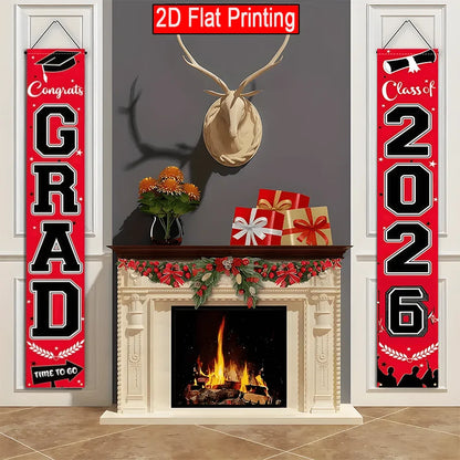 VIKAMA 2026 Graduation Season Door Banner Red and Black Academic Cap Logo Indoor/Outdoor Hanging Backdrop Graduation Party Decor