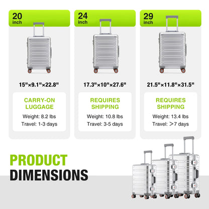 Large-Capacity 100% Aluminum Travel Luggage 20/24/29 Inch 360° Spinner Wheels TSA Lock Carry-On Checked Trolley Suitcase
