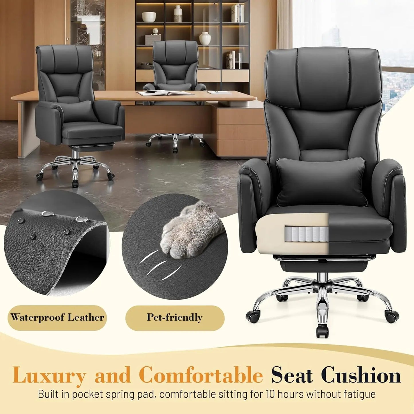 Big and Tall Office Chair, 400LBS Wide Leather Executive Chair, Reversible Armrest for Pets Criss Cross Legged,, Customized