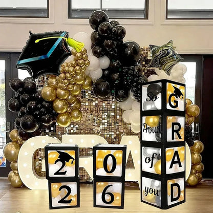 4pcs 2026 Black Graduation Balloon Boxes GRAD 2026 So Proud of You Balloon Box for Graduation Party Props Background Decoration