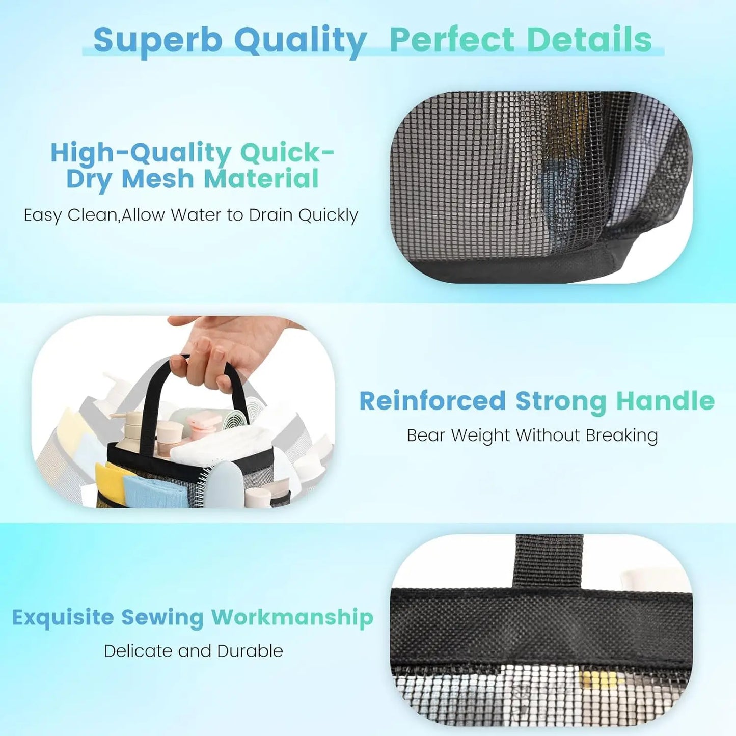 Mesh Shower Caddy with 9 Pockets, Large-Capacity Quick-Dry Toiletry Bag for Women, College Dorm, Travel, Gym, Beach