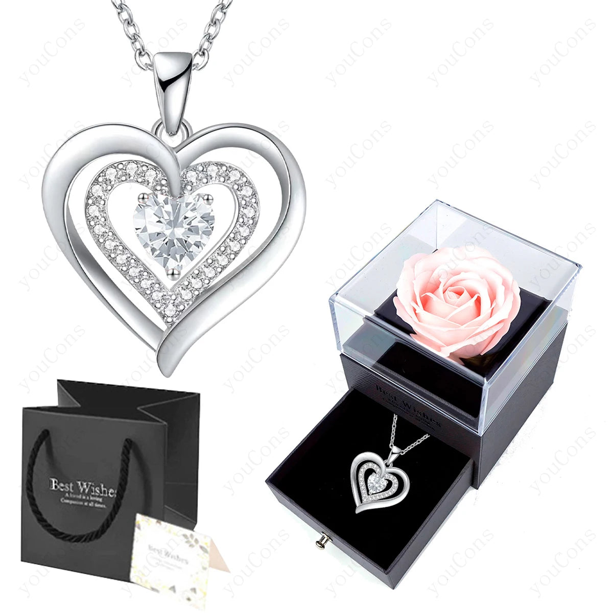Zircon Heart Pendant Necklace With Rose Bow Box 2025 New Jewelry Set For Girlfriend Mother Christmas Anniversary Valentine Gift