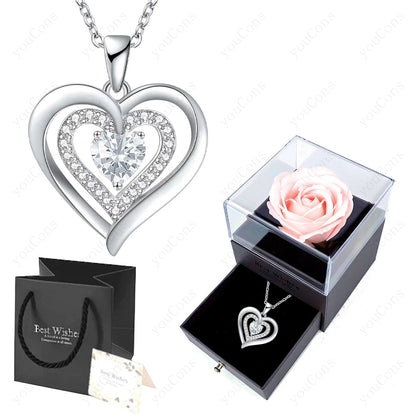 Zircon Heart Pendant Necklace With Rose Bow Box 2025 New Jewelry Set For Girlfriend Mother Christmas Anniversary Valentine Gift