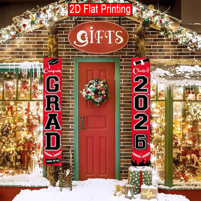 VIKAMA 2026 Graduation Season Door Banner Red and Black Academic Cap Logo Indoor/Outdoor Hanging Backdrop Graduation Party Decor