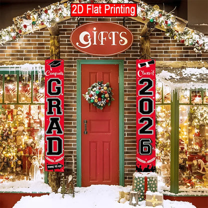 VIKAMA 2026 Graduation Season Door Banner Red and Black Academic Cap Logo Indoor/Outdoor Hanging Backdrop Graduation Party Decor