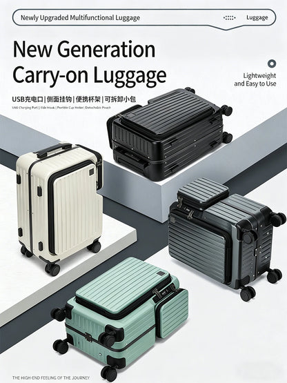 Front-opening Carry-On Suitcase multiple function Laptop Boarding Case with USB Charging Trolley Case 20 Inch A Travel Luggage