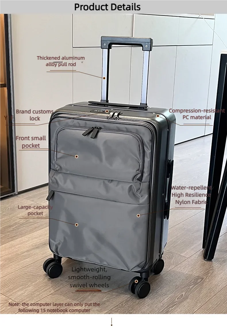 Front Opening Luggage Aluminum Frame Softside Luggage with Spinner Wheels Men Carry-On Luggage Women Travel Trolley Case 20 Inch
