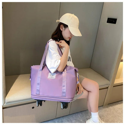 Large Capacity Travel Bag with Spinner Wheels Waterproof Wet Dry Separation Expandable Luggage for Students Business Maternity