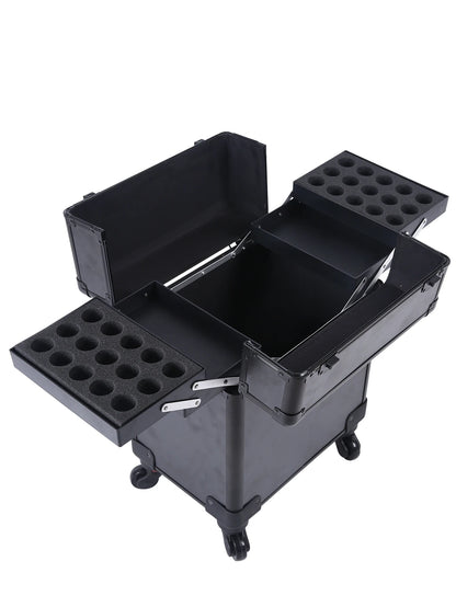Aluminum Rolling Makeup Case Lockable Cosmetic Salon Organizer Trolley Case with Trays