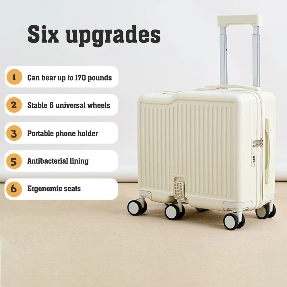 18"Hand Carry Luggage Portable Boarding Baggage 6 Wheels ZIPPER lock luggage Can Sit Down Kids Luggage