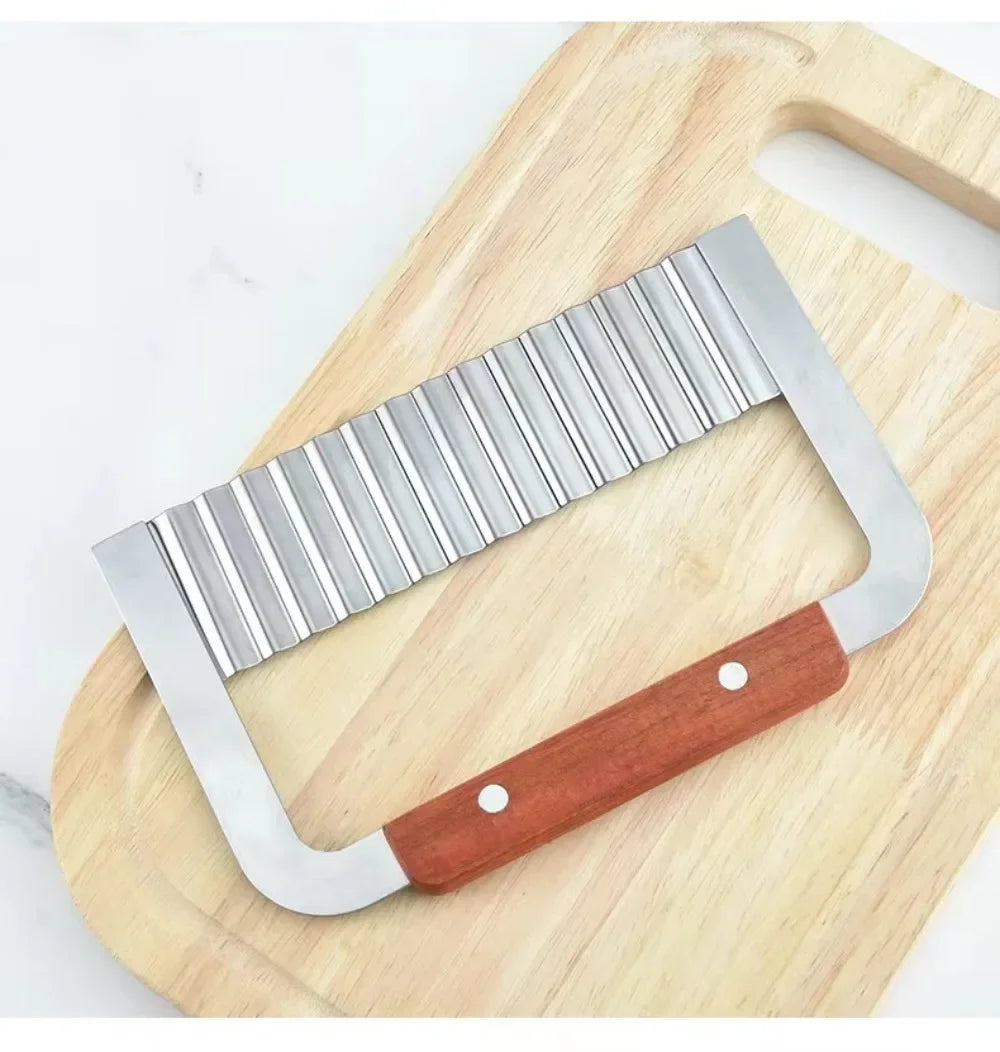 Stainless Steel Wooden Handle Wave Knife Wolf Tooth Potato Knife Potato Chip Cutting Wave Knife Potato Chopper Kitchen Tool
