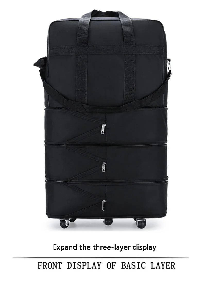 Travelling Pack Wheels For Women Men Expandable Foldable Trolley Luggage Versatile Black Suitcase for Weekend Trip Overnight Bag