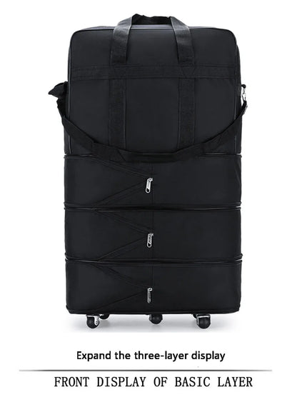 Travelling Pack Wheels For Women Men Expandable Foldable Trolley Luggage Versatile Black Suitcase for Weekend Trip Overnight Bag