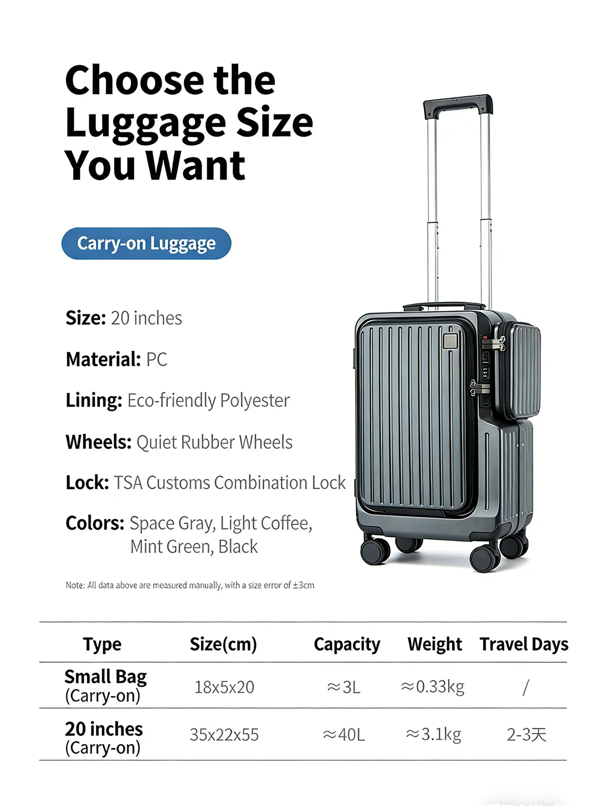 Front-opening Carry-On Suitcase multiple function Laptop Boarding Case with USB Charging Trolley Case 20 Inch A Travel Luggage