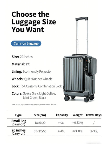 Front-opening Carry-On Suitcase multiple function Laptop Boarding Case with USB Charging Trolley Case 20 Inch A Travel Luggage
