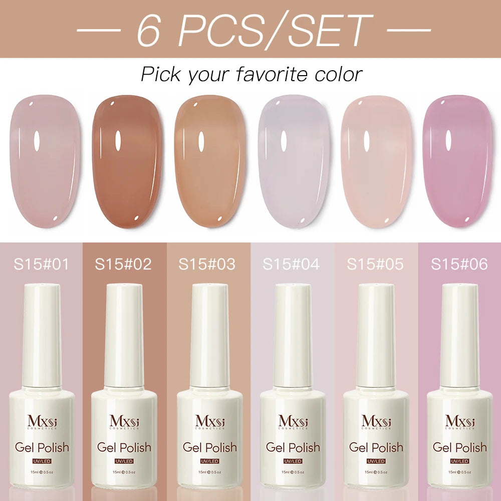 6PCS/SET 15ML Nude Pink Jelly Nail Gel Polish Set Summer Translucent Vernis Semi Permanent UV LED Soak Off Nail Art Manicure Kit