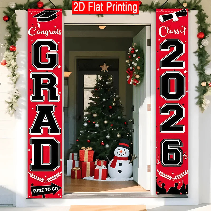 VIKAMA 2026 Graduation Season Door Banner Red and Black Academic Cap Logo Indoor/Outdoor Hanging Backdrop Graduation Party Decor