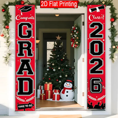 VIKAMA 2026 Graduation Season Door Banner Red and Black Academic Cap Logo Indoor/Outdoor Hanging Backdrop Graduation Party Decor