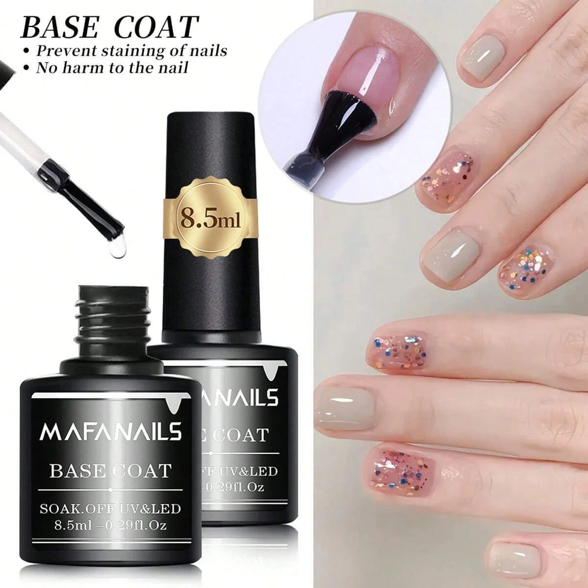 2pcs 8.5ml Base Coat & Top Coat Gel Nail Polish Set - Long Lasting Soak Off LED Nail Lamp Gel Base Top Coat Finish Nail Varnish
