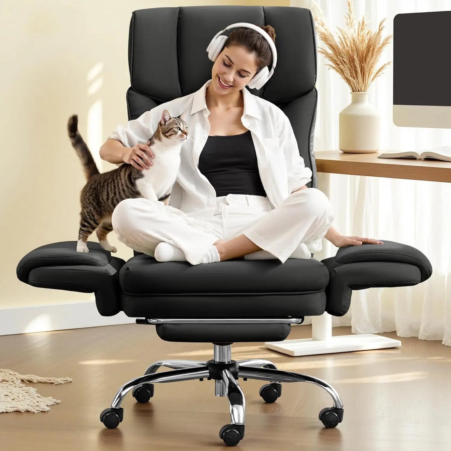 Big and Tall Office Chair, 400LBS Wide Leather Executive Chair, Reversible Armrest for Pets Criss Cross Legged,, Customized