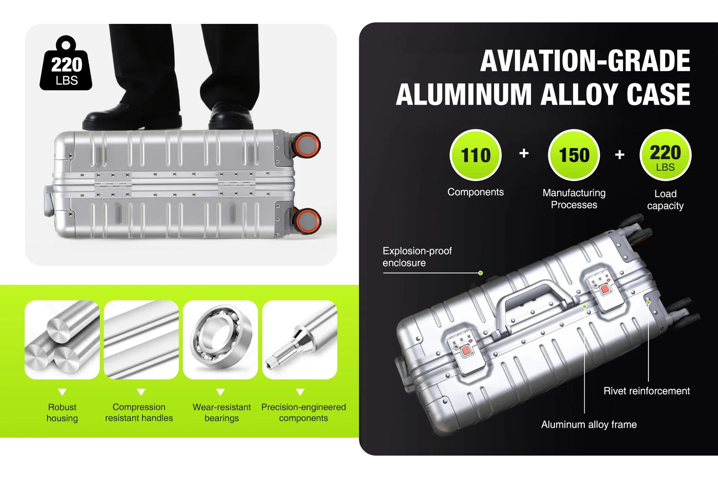 Large-Capacity 100% Aluminum Travel Luggage 20/24/29 Inch 360° Spinner Wheels TSA Lock Carry-On Checked Trolley Suitcase