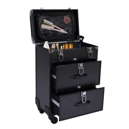 Rolling Makeup Train Case Travel Cosmetic Organizer Box with Dividers Cosmetic Trolley with Lock Cosmetics Storage Organizer