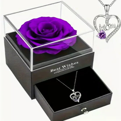 Luxury Preserved Flower Gift Box With Purple Rose & "MOM I Love You" Heart Pendant Necklace - Elegant Mother's Day Anniversary
