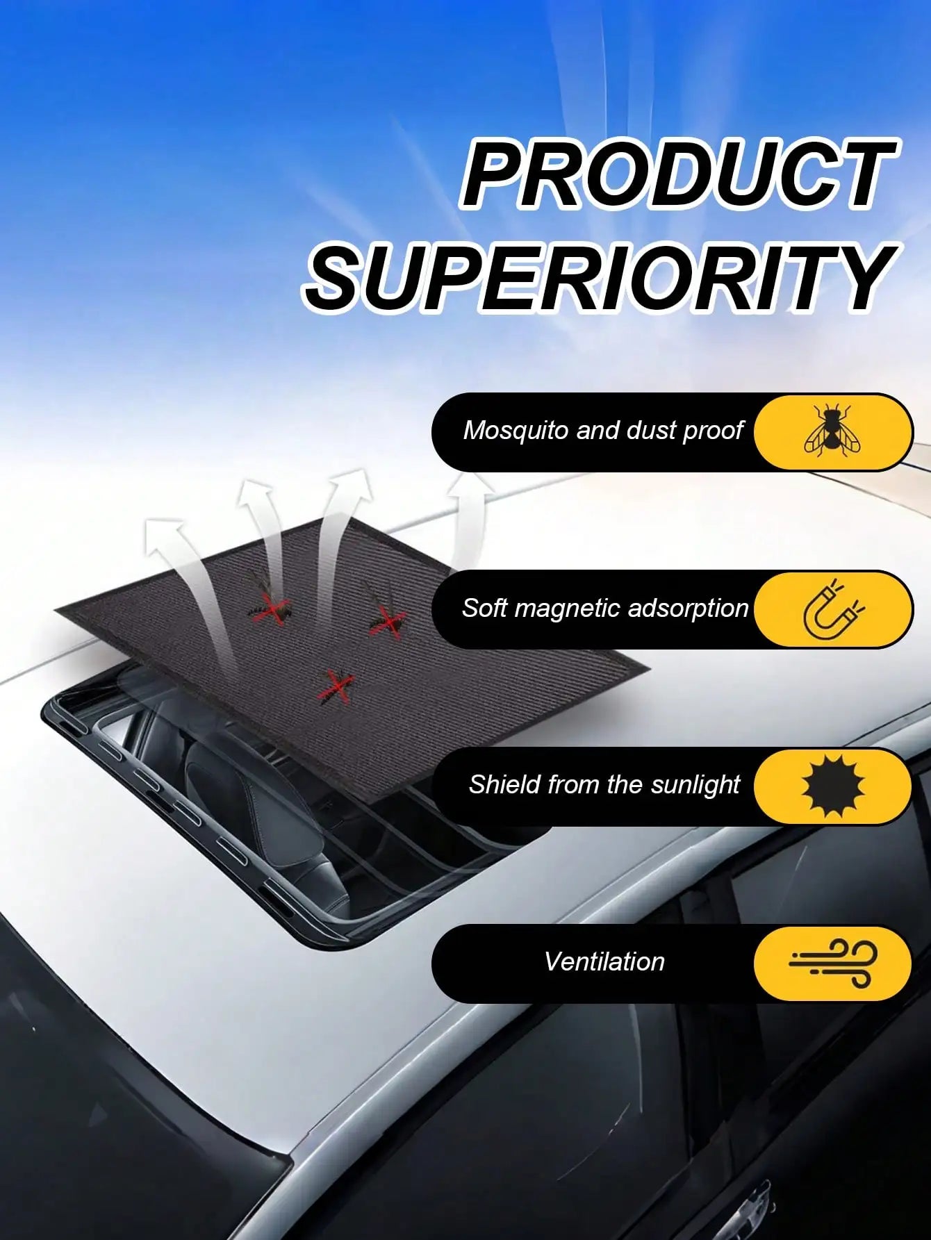 Car Sunroof Mosquito Net Magnetic Sun Shade Mesh UV Heat Protection Breathable Anti-Mosquito Dust Proof for Sedan SUV