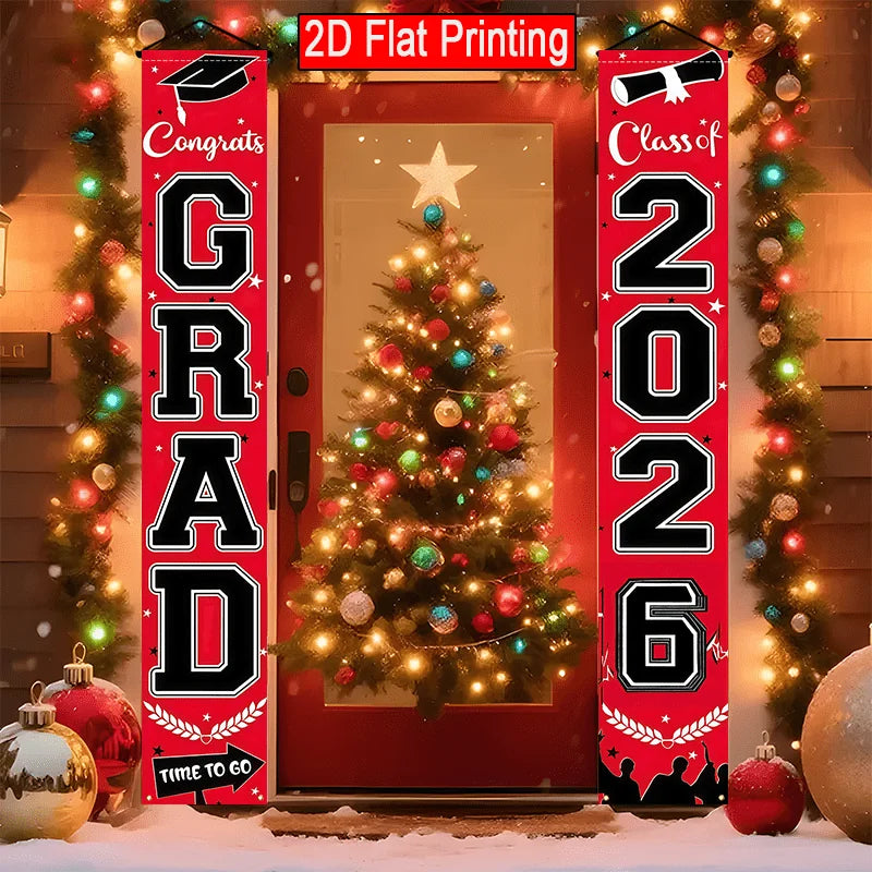 VIKAMA 2026 Graduation Season Door Banner Red and Black Academic Cap Logo Indoor/Outdoor Hanging Backdrop Graduation Party Decor