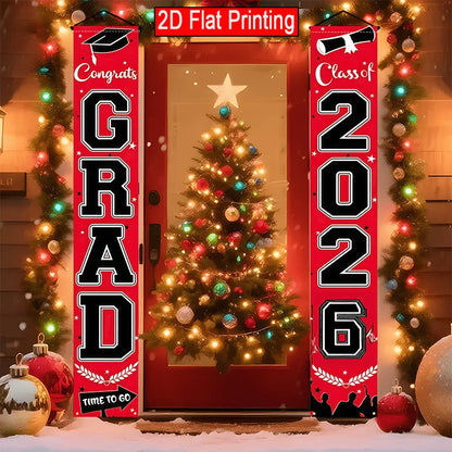 VIKAMA 2026 Graduation Season Door Banner Red and Black Academic Cap Logo Indoor/Outdoor Hanging Backdrop Graduation Party Decor