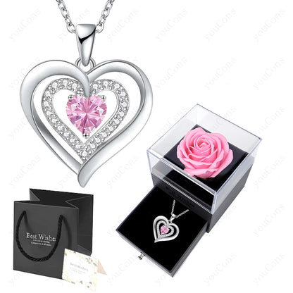 Zircon Heart Pendant Necklace With Rose Bow Box 2025 New Jewelry Set For Girlfriend Mother Christmas Anniversary Valentine Gift