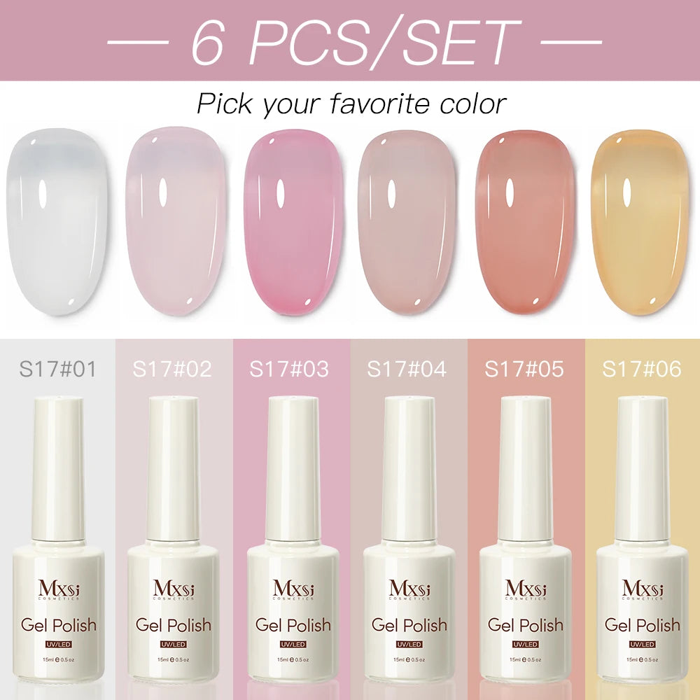 6PCS/SET 15ML Nude Pink Jelly Nail Gel Polish Set Summer Translucent Vernis Semi Permanent UV LED Soak Off Nail Art Manicure Kit