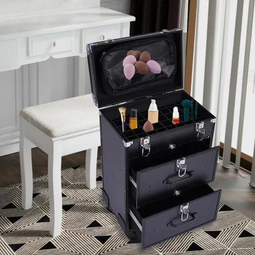 Rolling Makeup Train Case Travel Cosmetic Organizer Box with Dividers Cosmetic Trolley with Lock Cosmetics Storage Organizer