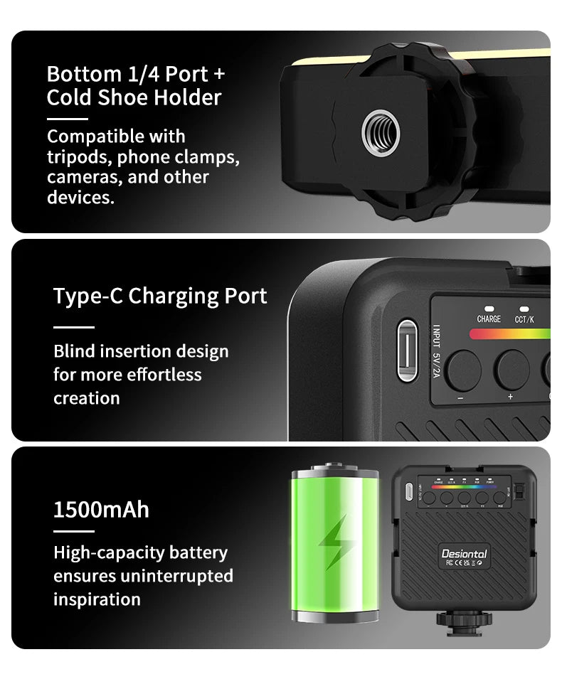 Desiontal RGB Video Light LED Camera Light 360° Full Color CRI 95+ 3000-6500K Dimmable Panel Lamp with 3 Cold Shoe 1500mAh