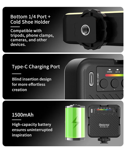Desiontal RGB Video Light LED Camera Light 360° Full Color CRI 95+ 3000-6500K Dimmable Panel Lamp with 3 Cold Shoe 1500mAh