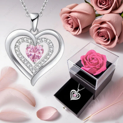 Zircon Heart Pendant Necklace With Rose Bow Box 2025 New Jewelry Set For Girlfriend Mother Christmas Anniversary Valentine Gift