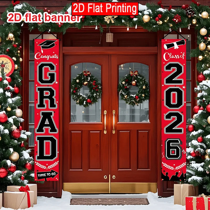 VIKAMA 2026 Graduation Season Door Banner Red and Black Academic Cap Logo Indoor/Outdoor Hanging Backdrop Graduation Party Decor