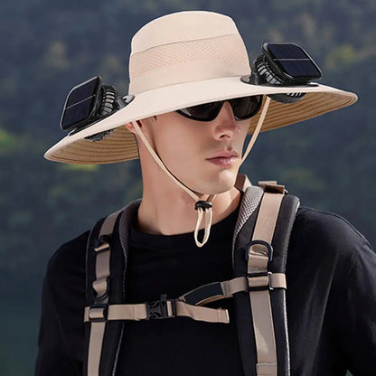 Solar Fan Hat for Men Women, Wide Brim Sun Protection Hat with Dual Solar Fans, 2-in-1 Hands-Free Cooling Cap for Hiking & Work