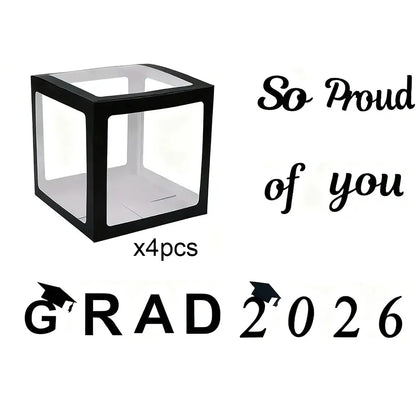 4pcs 2026 Black Graduation Balloon Boxes GRAD 2026 So Proud of You Balloon Box for Graduation Party Props Background Decoration